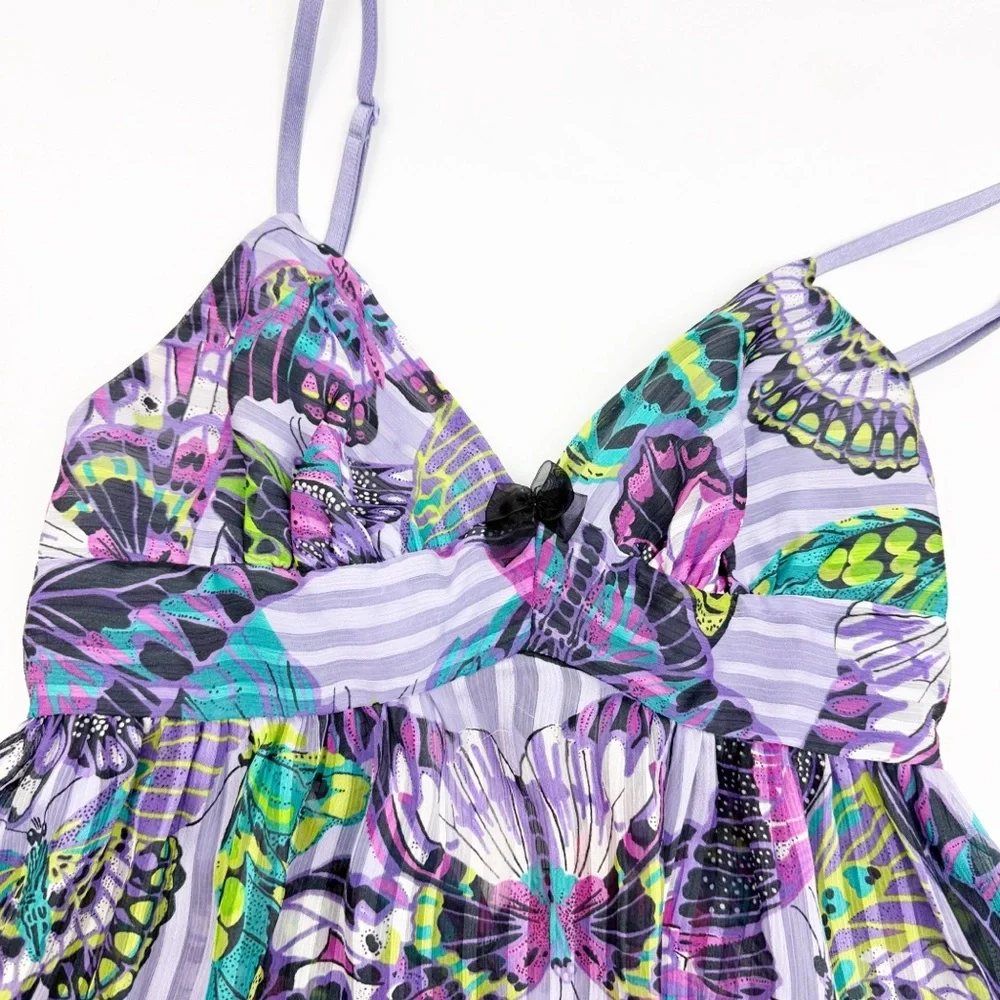Betsey Johnson Intimates Butterfly Print Satin Chemise Slip Open Tie Back Purple